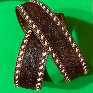 Vintage Full Grain Leather Tooled Acorn Embossed Belt